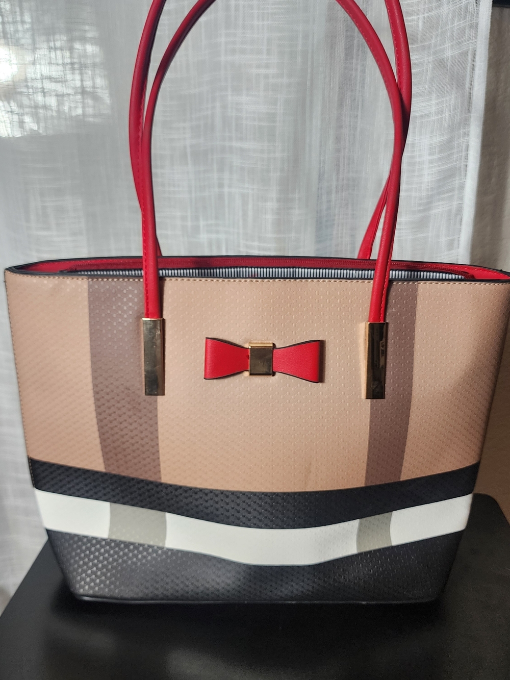 Like Burberry Beige Tote with Red Handles and Bow Accent
